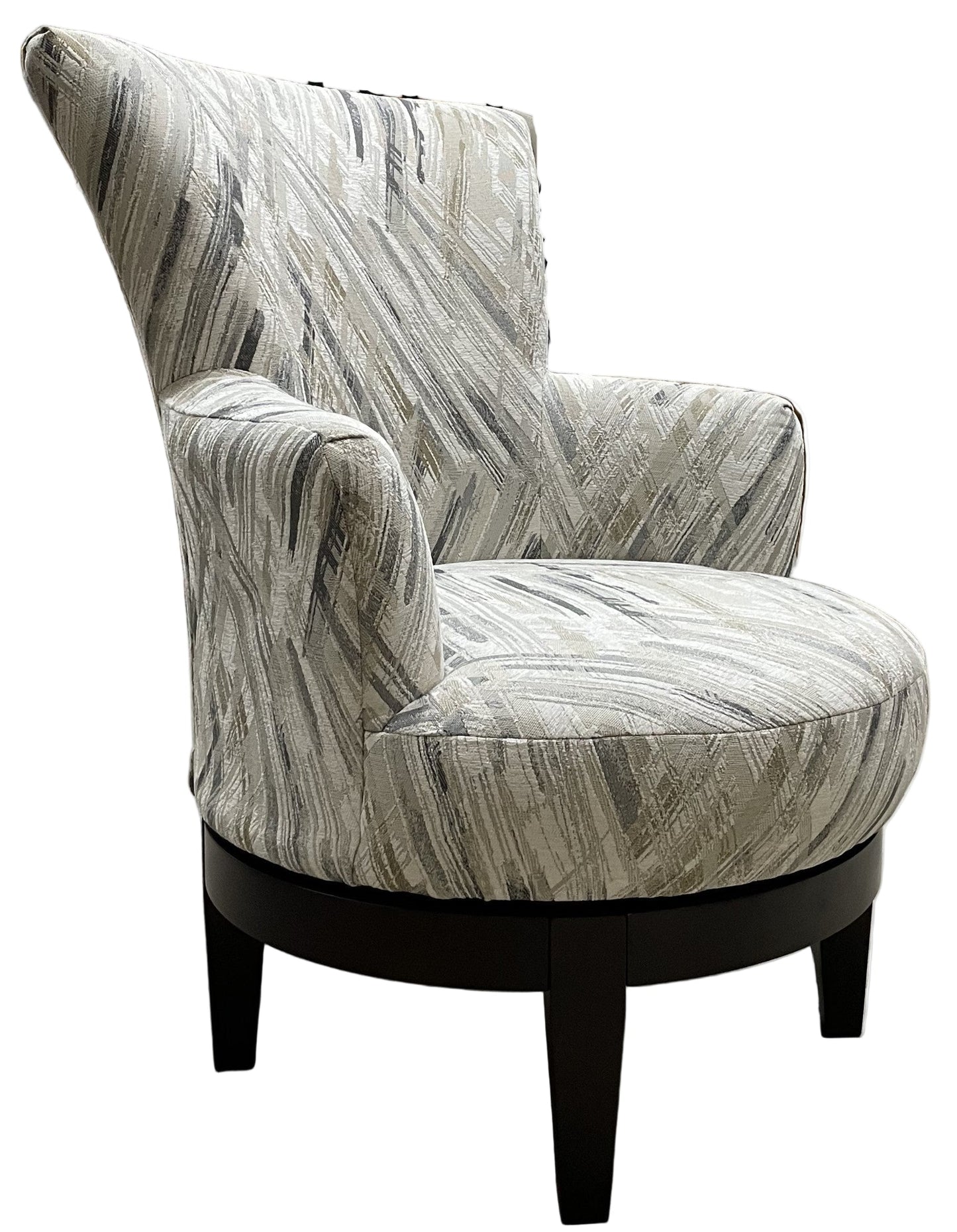 Decorative armchair with abstract lattice pattern on espresso tone wood swivel base and legs