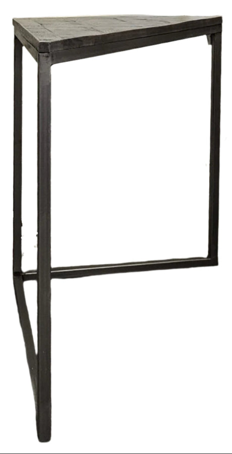A triangular silver iron base corner side table with a medium-brown mango wood top.