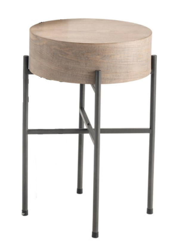 A small round side table with a wooden top and a metal tubular base.