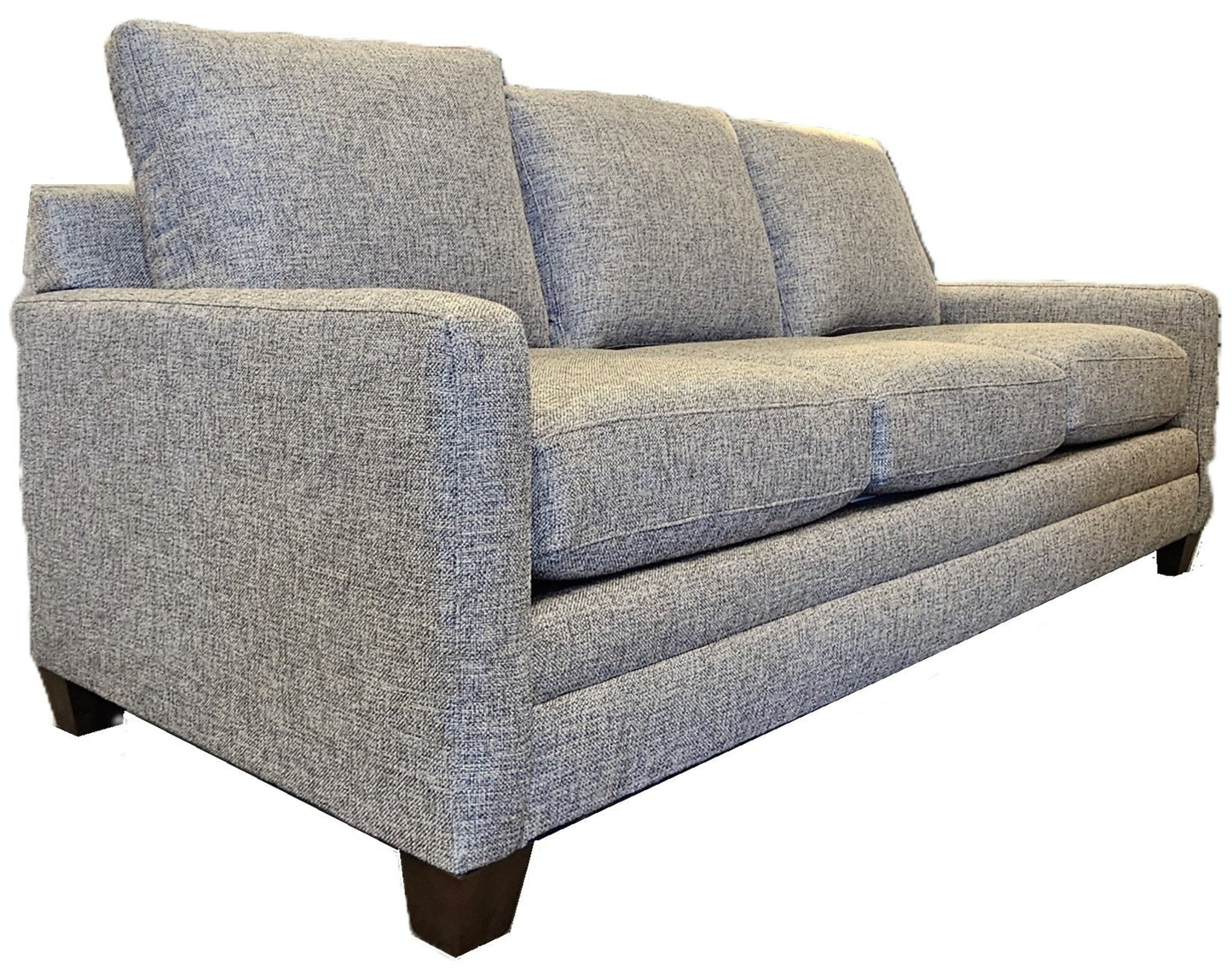 Gray tone-on-tone sofa with wooden legs on a white background