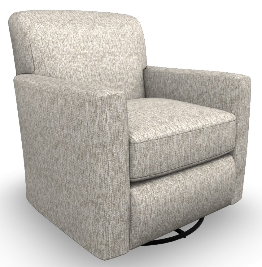 Multi Neutral-tone upholstered armchair on a swivel glider base.