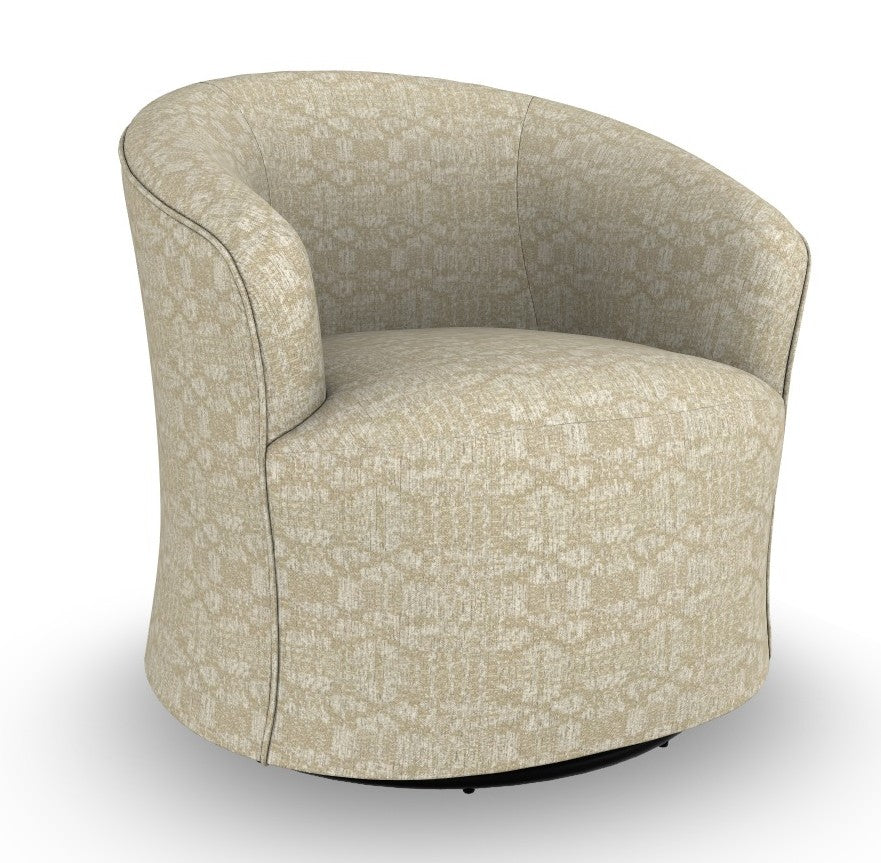 Beige patterned barrel chair on a swivel glider base