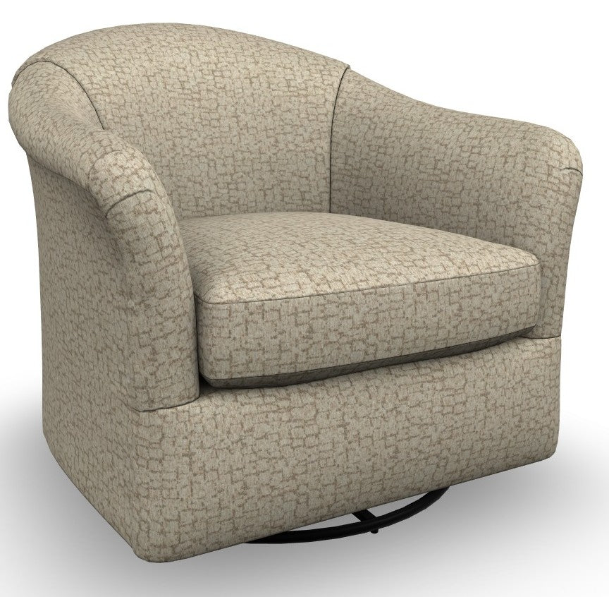 Beige pattern barrel chair on a swivel glider base