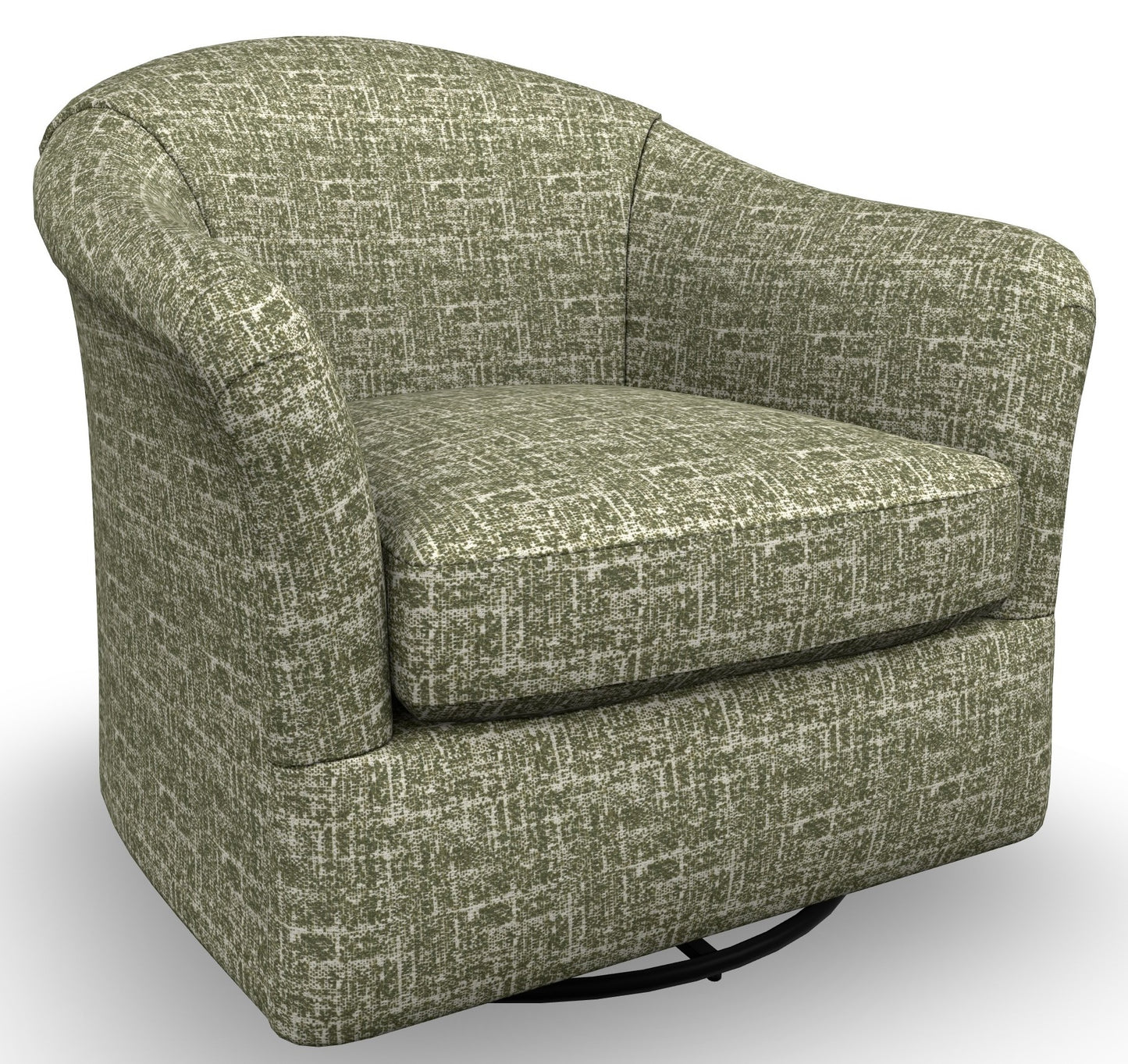 Green pattern barrel chair on a swivel glider base