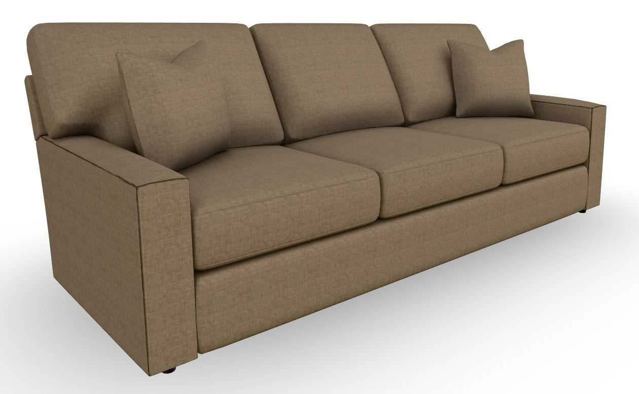Golden tan track arm sofa with three cushions on semi hidden feet