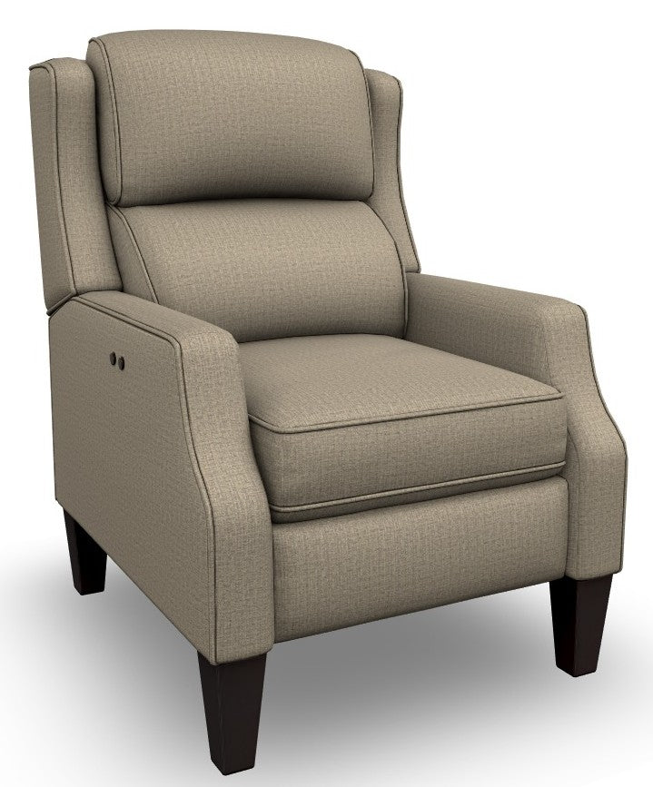 Wingback recliner with textured brown tone upholstery on espresso stain high legs.