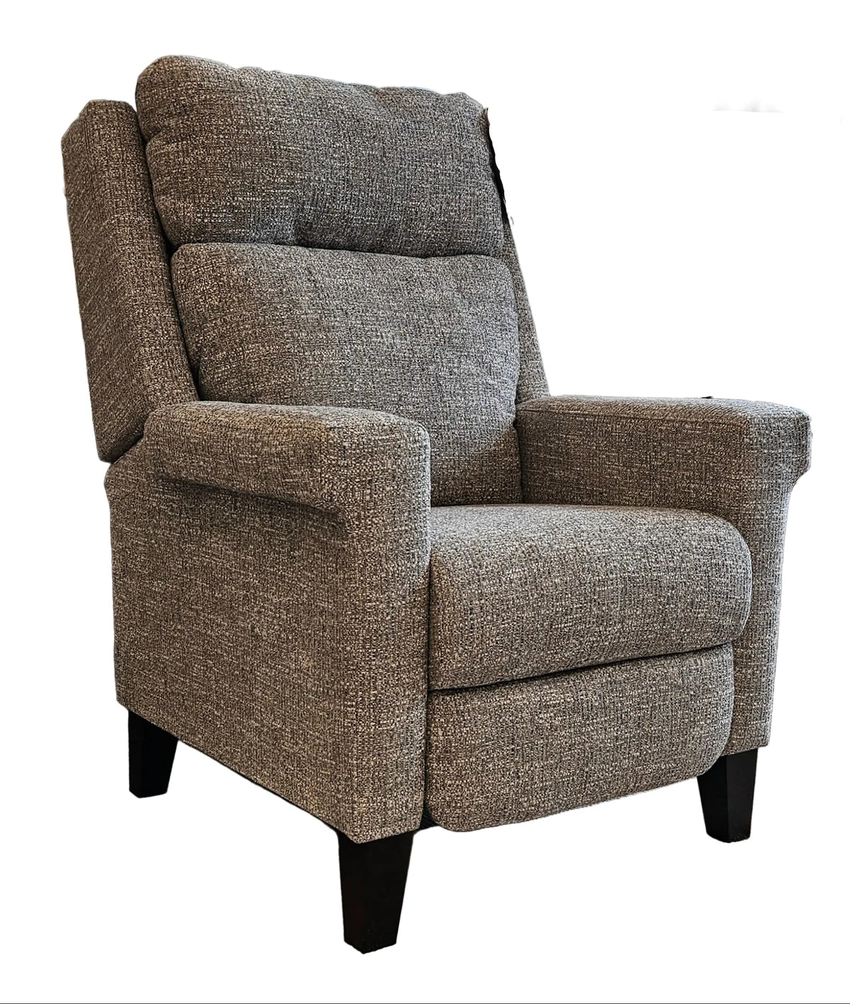 Grey boucle tweed recliner on espresso stain wood legs