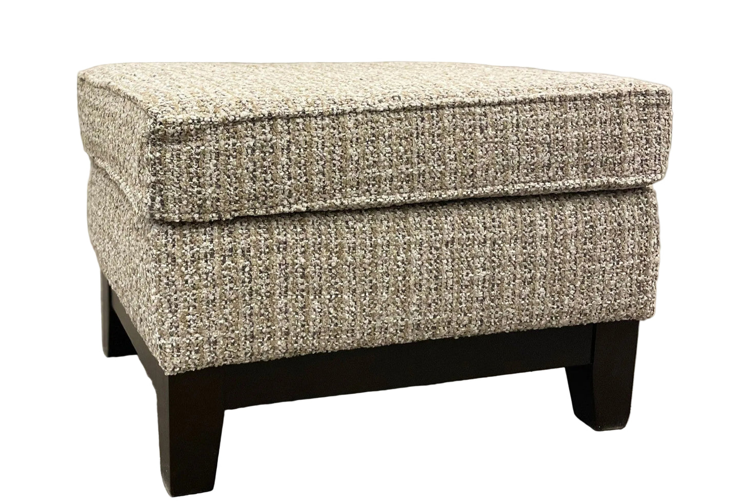 Neutral tone boucle upholstered ottoman on espresso stain wood legs