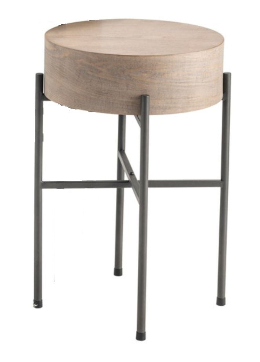 A round side table with a bleached wood top and a black tubular metal base