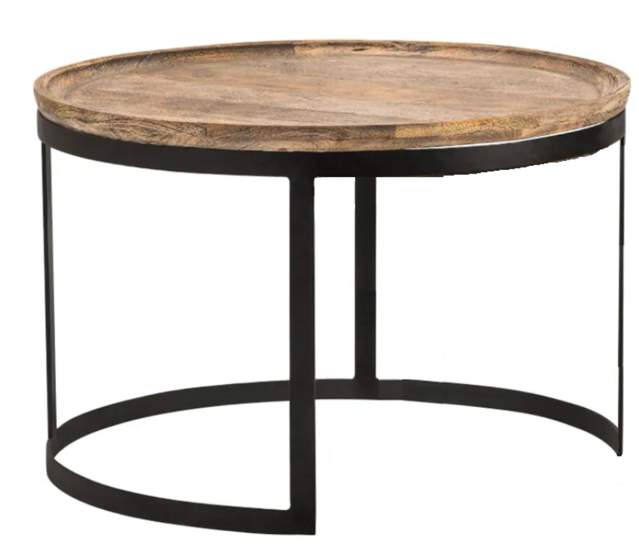 A rustic cocktail table with a black metal base and a light-brown mango wood top