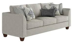 Gray and white tweed sofa with flared track arms on java stain wood feet