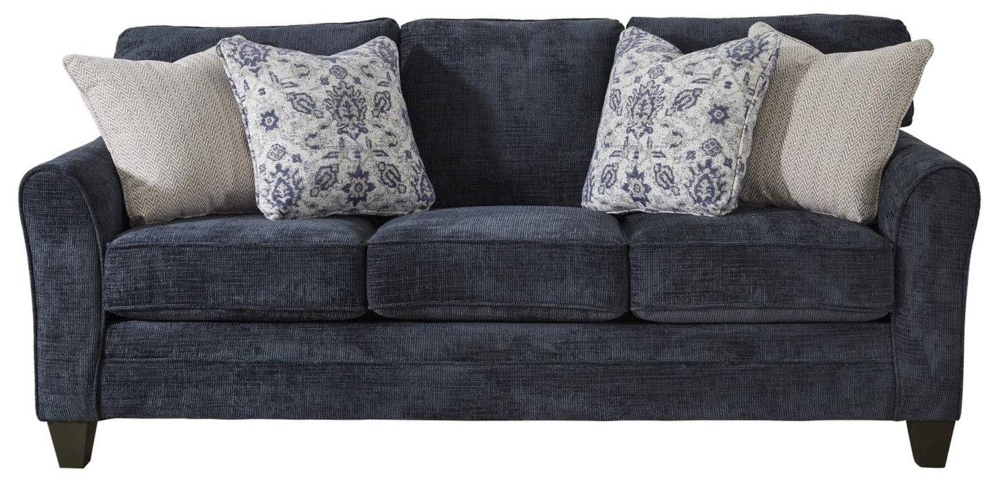 Dark navy sofa with rounded flared track arms on dark brown feet