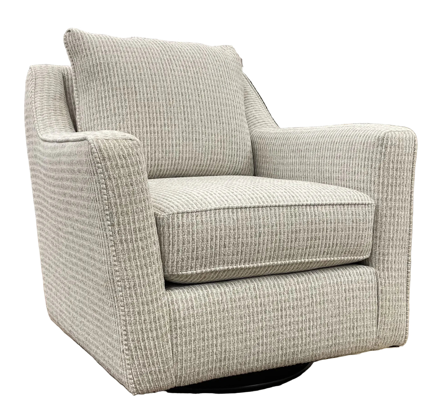 Taupe textured armchair with flared arms on a swivel glider base