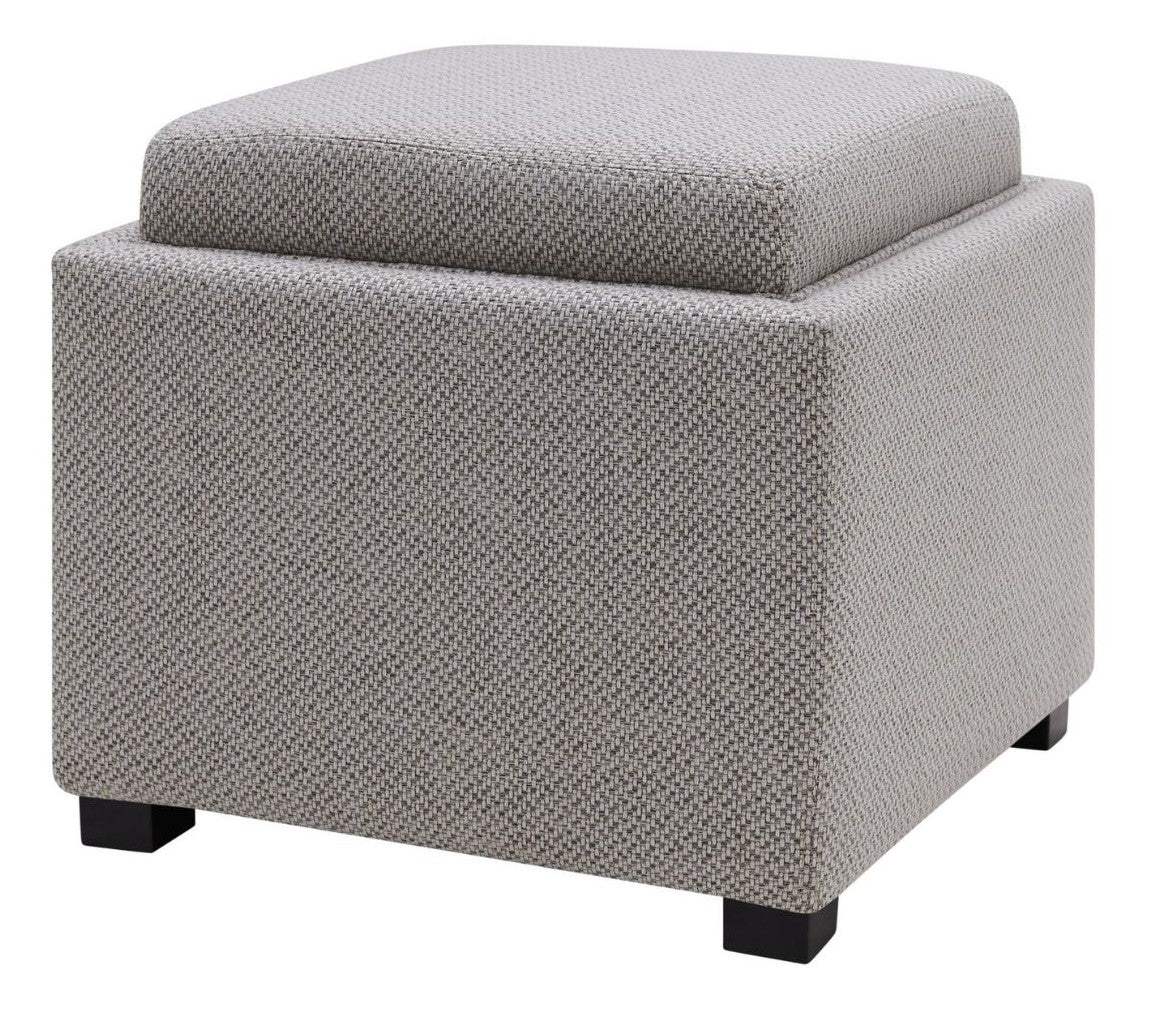 Gray textured ottoman with a cushion on espresso square feet