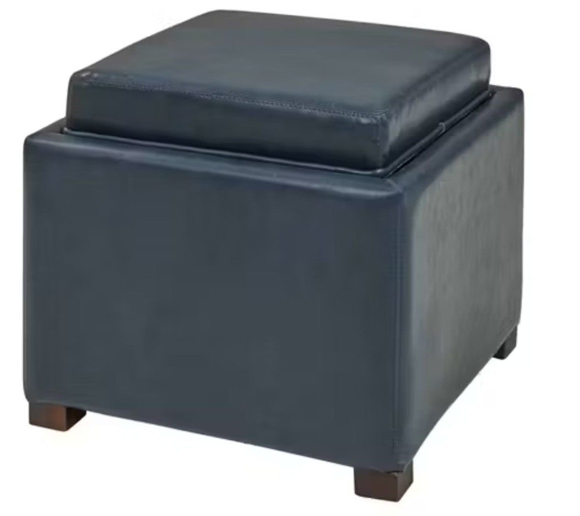 A square-shaped, vintage blue bonded leather storage ottoman with a lid that can also serve as a tray.
