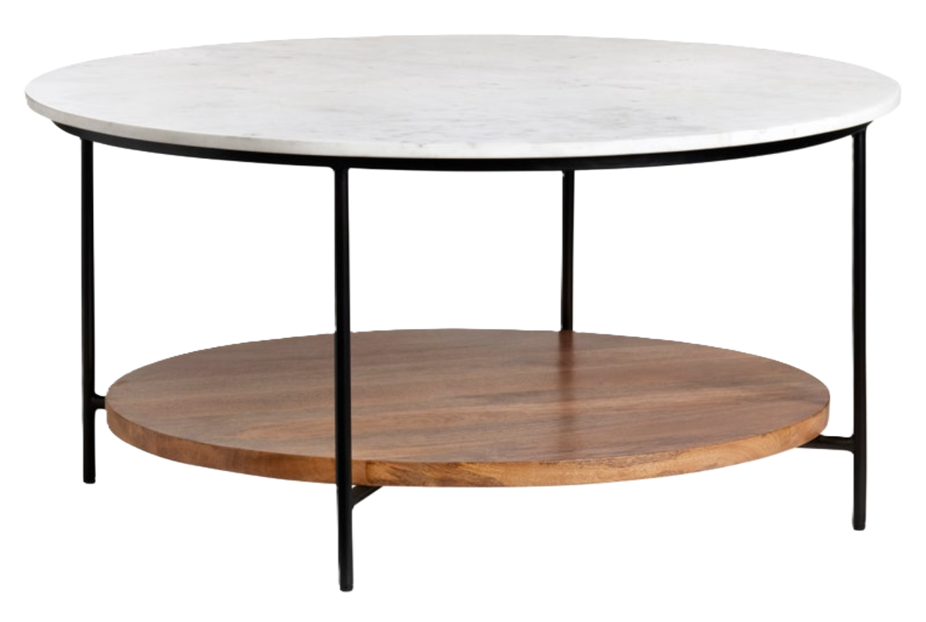 Round coffee table with white marble top and wooden shelf on a matte black frame.