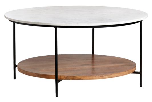 Round coffee table with white marble top and wooden shelf on a matte black frame.