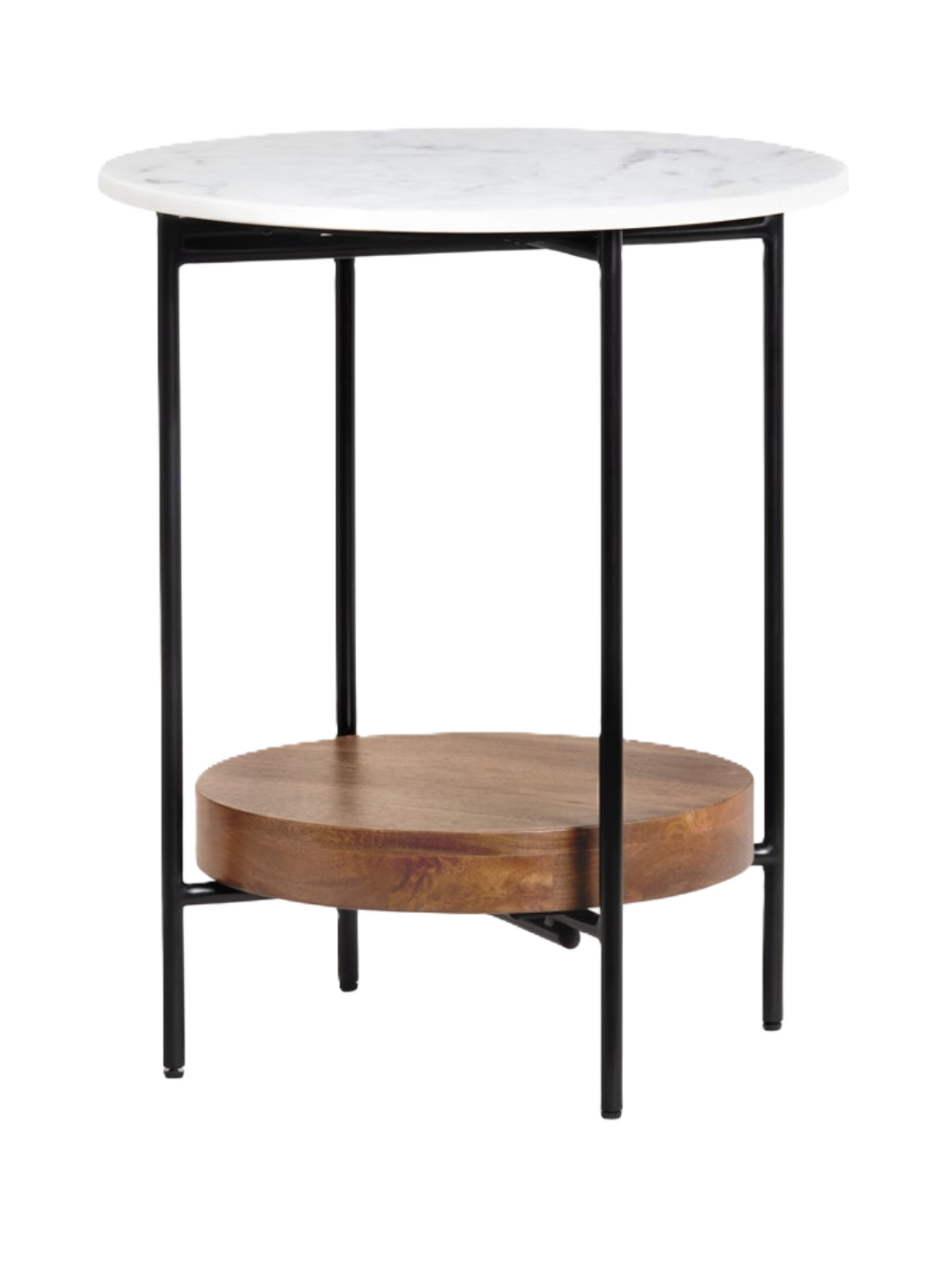 Side table with marble top and wooden shelf on a matte black frame.