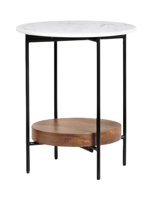 Side table with marble top and wooden shelf on a matte black frame.