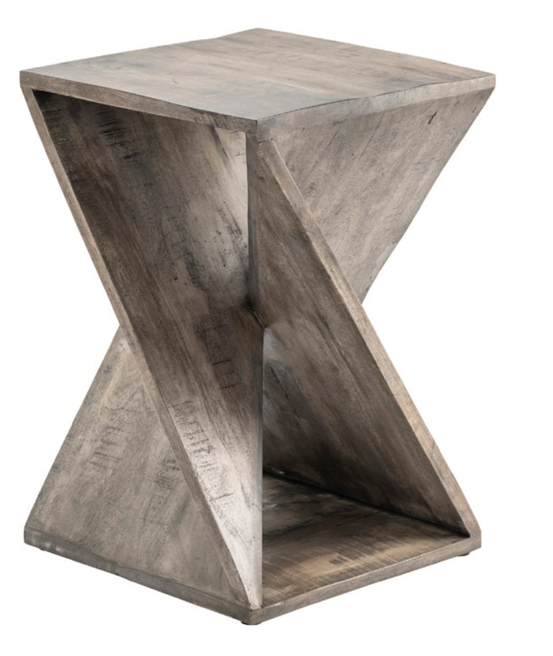 A gray stained wooden side table with a unique twist design, featuring a square tabletop and a visible wood grain.