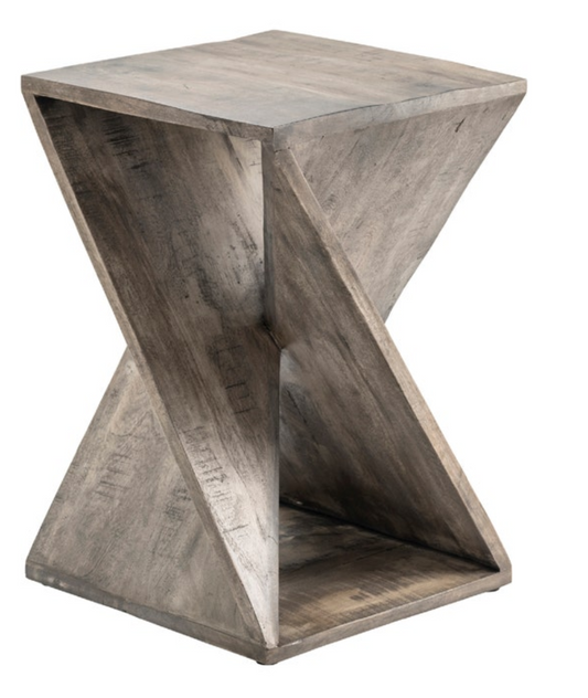A gray stained wooden side table with a unique twist design, featuring a square tabletop and a visible wood grain.
