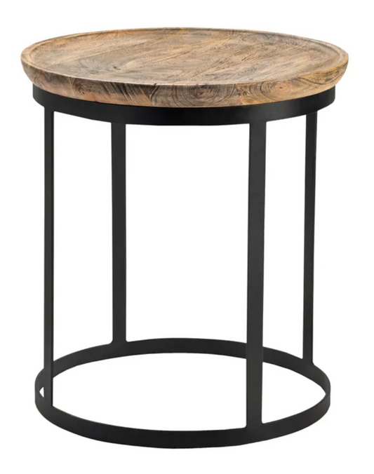 A rustic side table with a black metal base and a light-brown mango wood top.