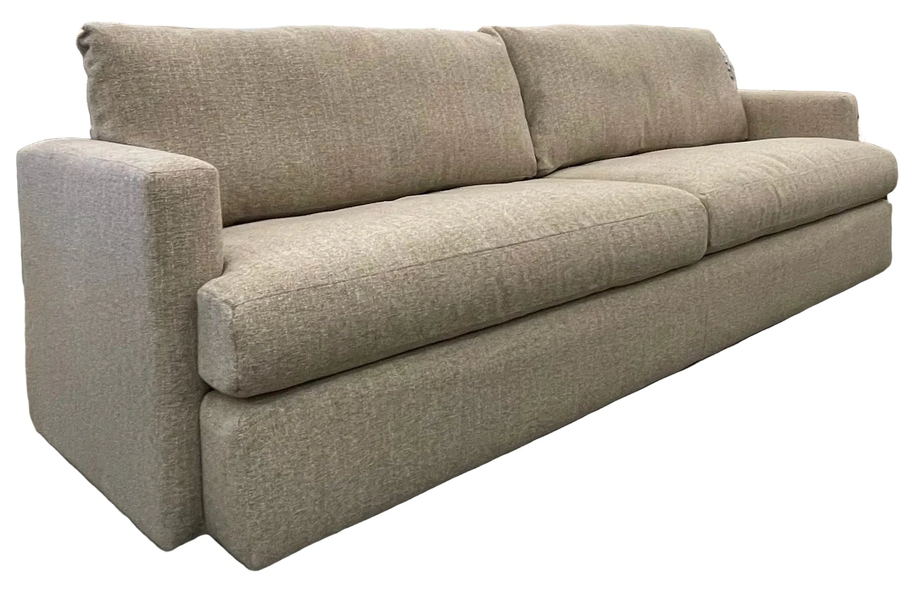 Beige track arm sofa  with t-style seat cushions on hidden feet