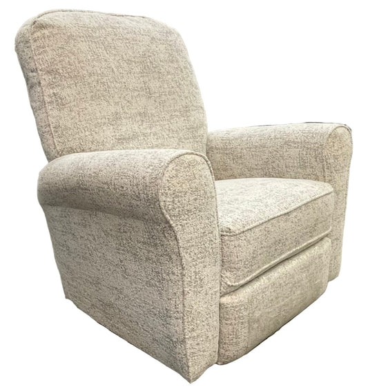 Soft white and gray recliner chair on a swivel glider base