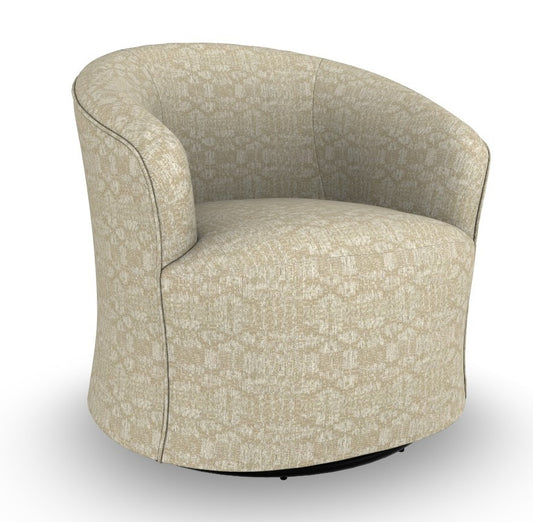 Beige patterned barrel chair on a swivel glider base