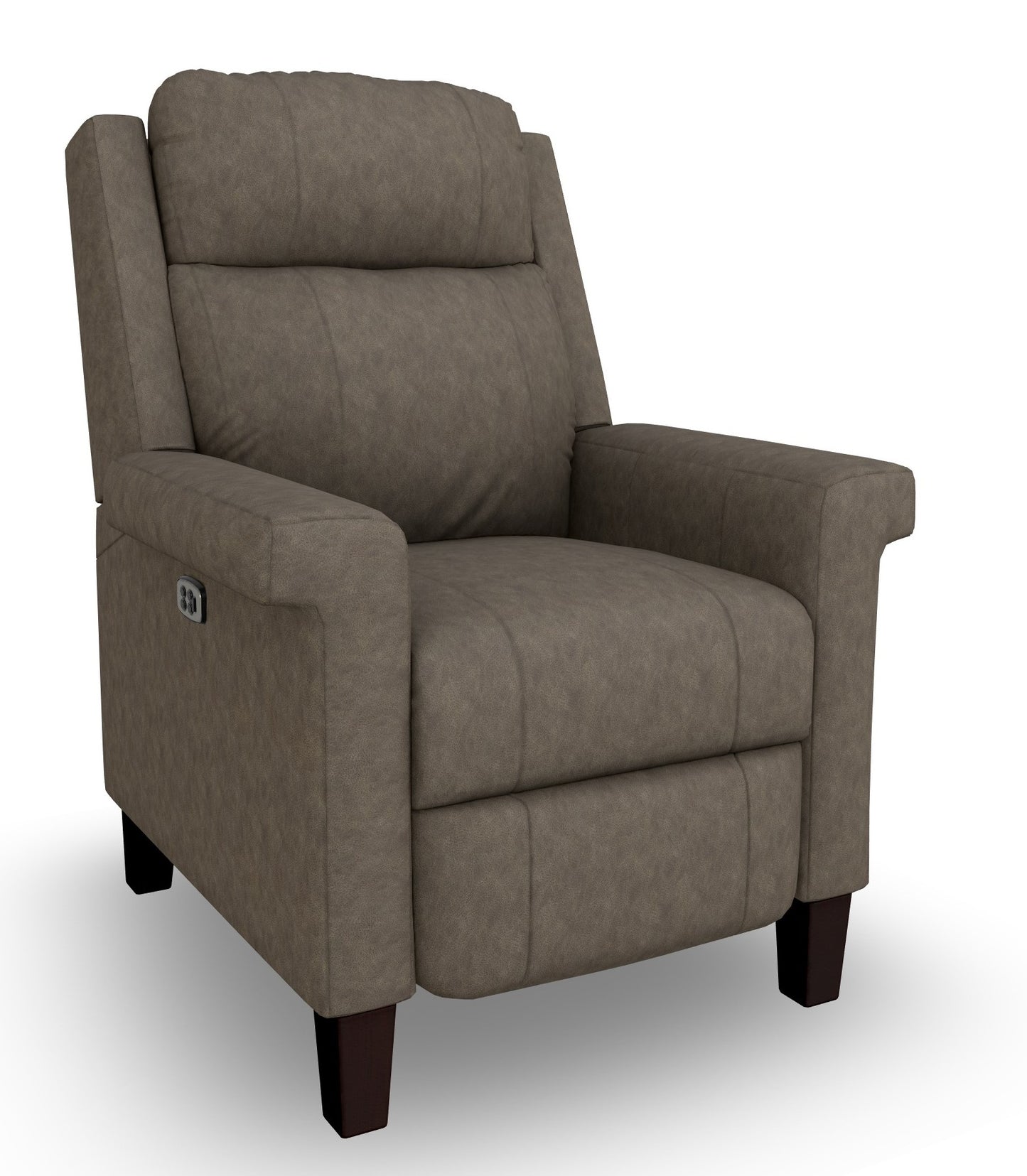 Multi-tone grey leather power recliner on espresso legs.