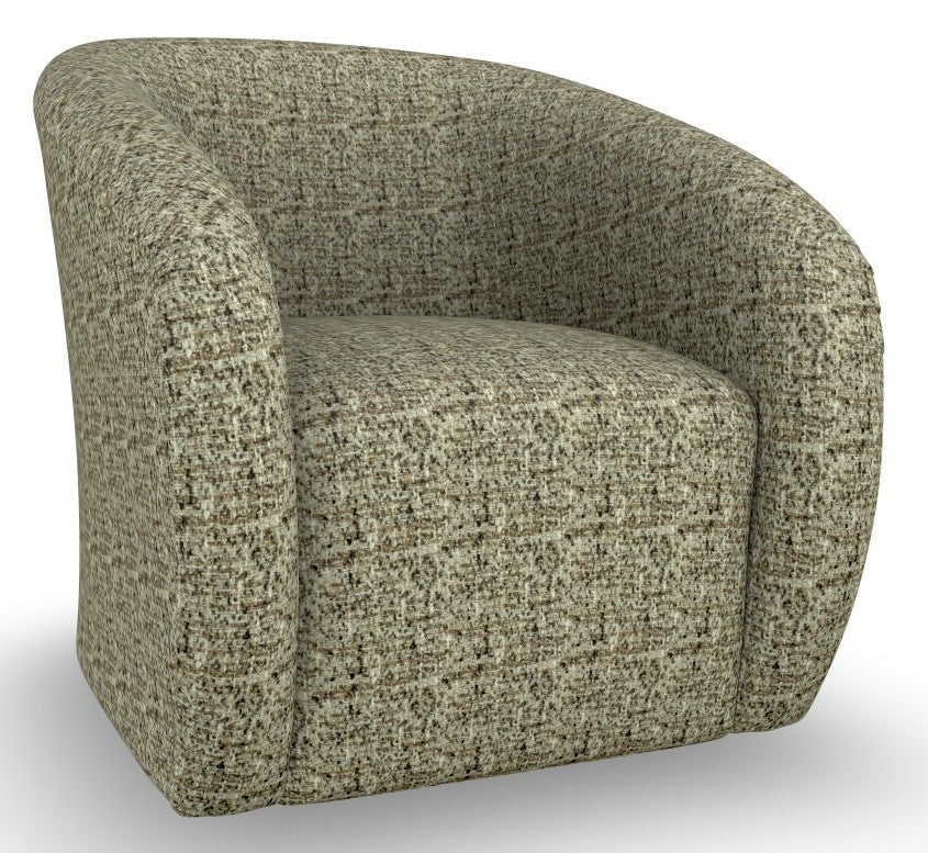 A modern barrel-style armchair upholstered in a textured, woven bouclé fabric with a speckled pattern of beige, gray, and brown tones atop a swivel base.
