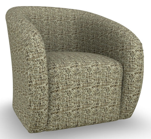 A modern barrel-style armchair upholstered in a textured, woven bouclé fabric with a speckled pattern of beige, gray, and brown tones atop a swivel base.