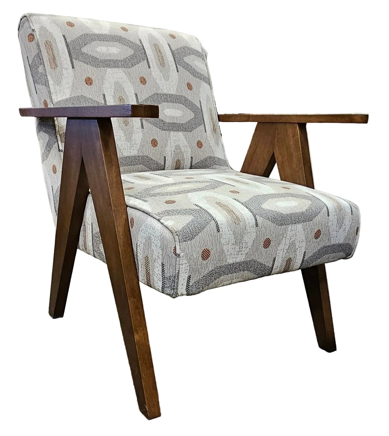 Multi neutral tone geometric pattern accent chair with dark walnut stain sawhorse wood legs