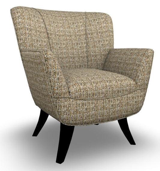 Beige boucle upholstered club chair with espresso stain flared wood legs