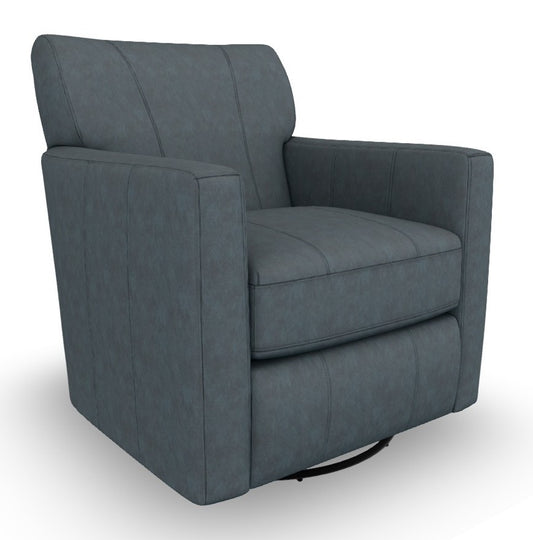 Gray blue leather track arm accent chair on a swivel glider base