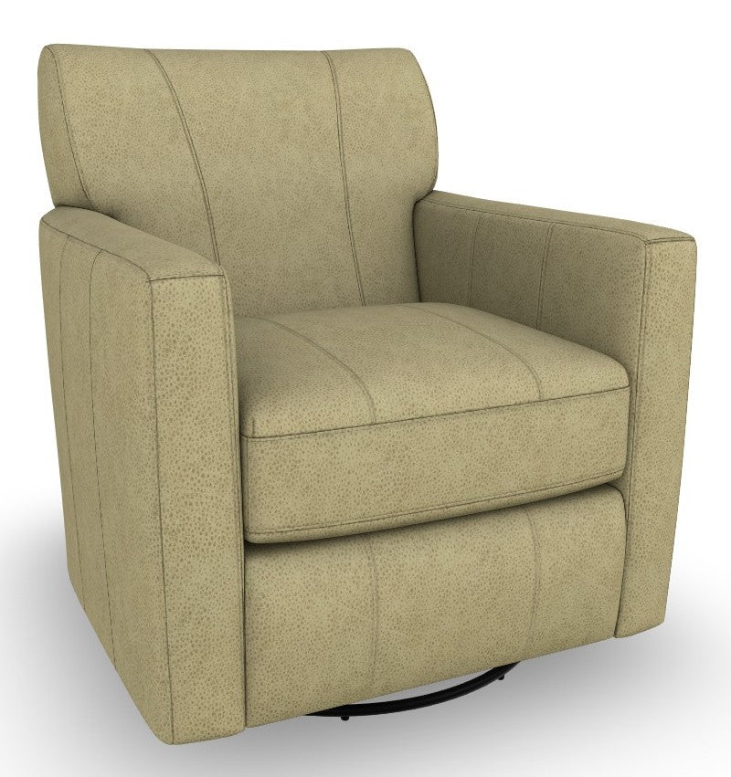 Sage green leather track arm accent chair on a swivel glider base