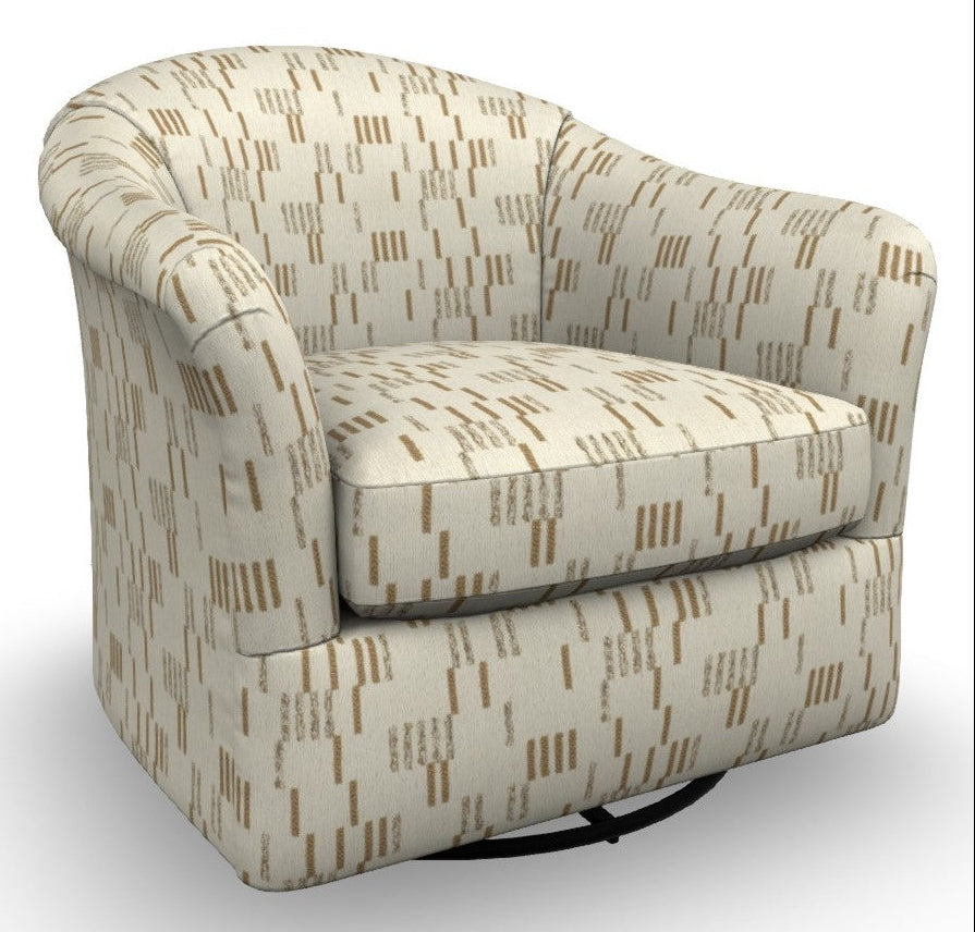 Geometric cream and gold patterned barrel chair on swivel glider base