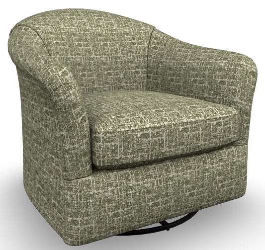 Green pattern barrel chair on a swivel glider base