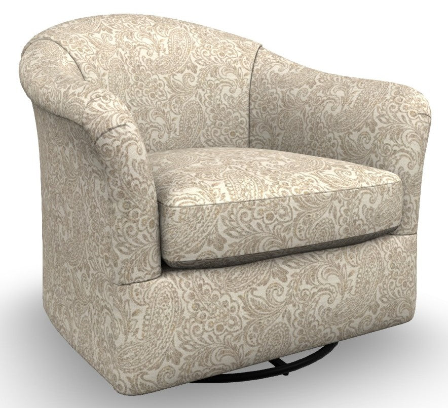 Cream paisley patterned barrel chair on swivel glider base