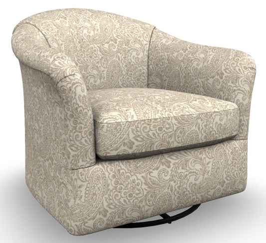 Cream paisley patterned barrel chair on swivel glider base
