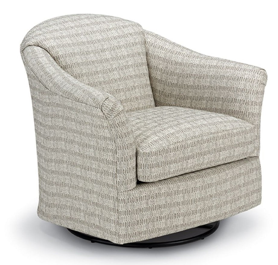 Gray geometric patterned barrel chair on swivel glider base