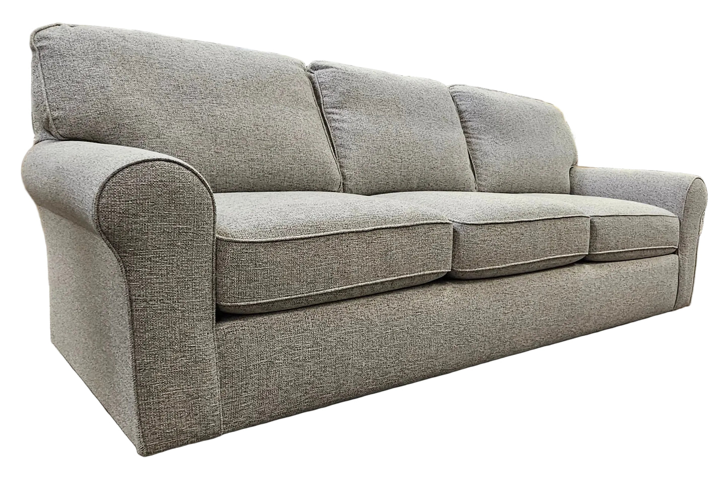 Gray and white tweed rolled arm sofa on hidden disc feet