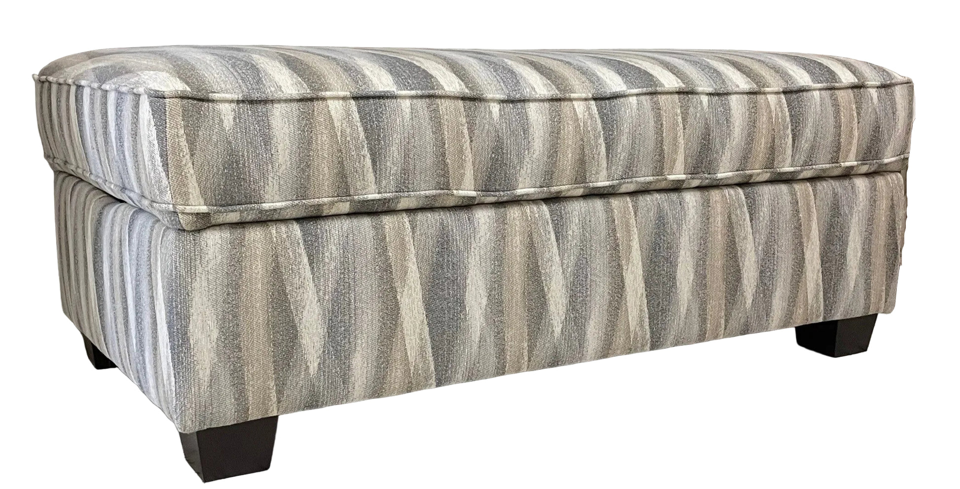 Multi neutral tone modern striped storage ottoman on espresso stain wood feet