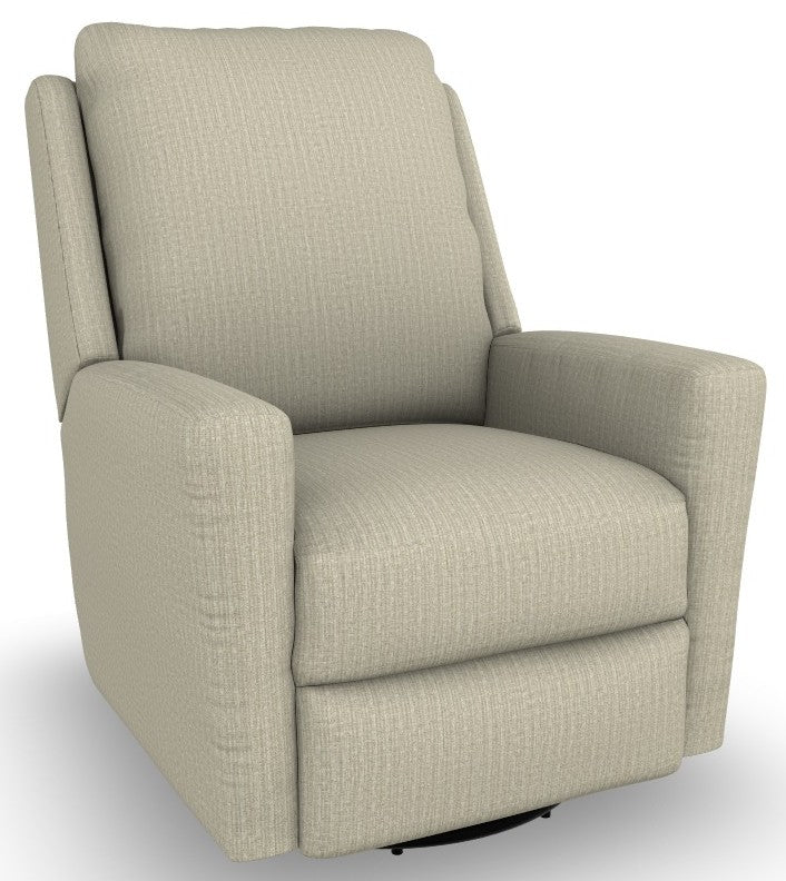 A modern upholstered  recliner in a textured light beige fabric on a swivel glider base.