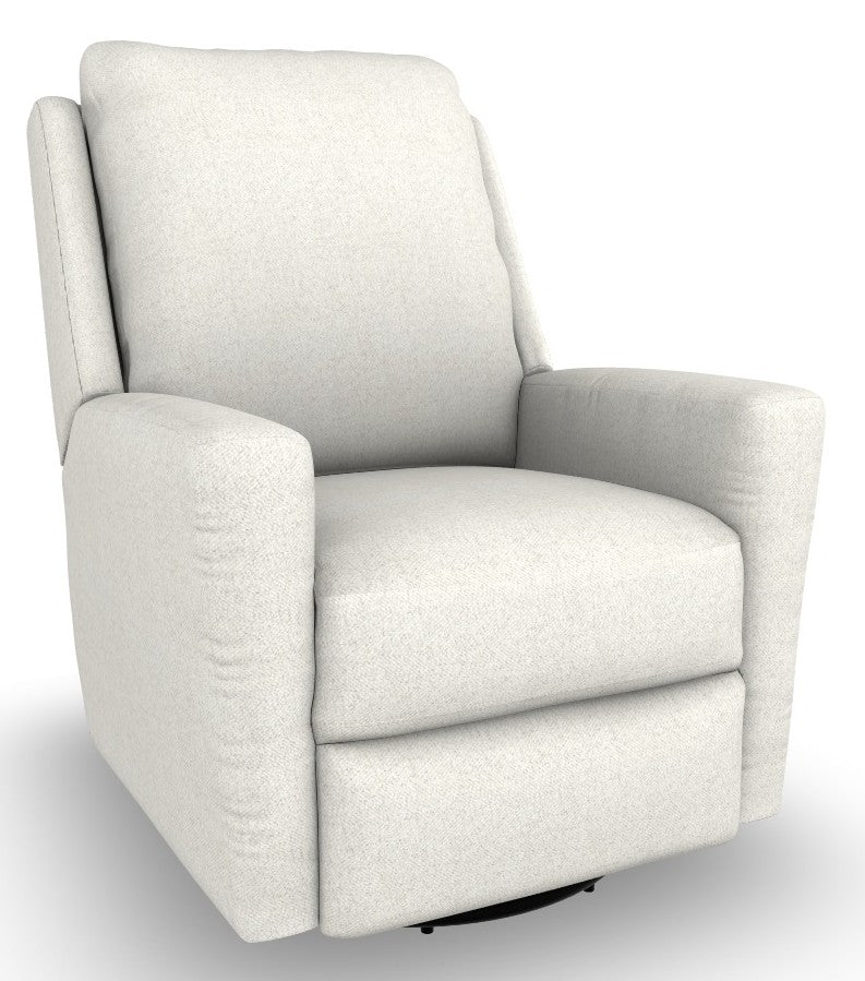 An upholstered recliner chair in an off-white herringbone textured fabric atop a swivel glider base.
