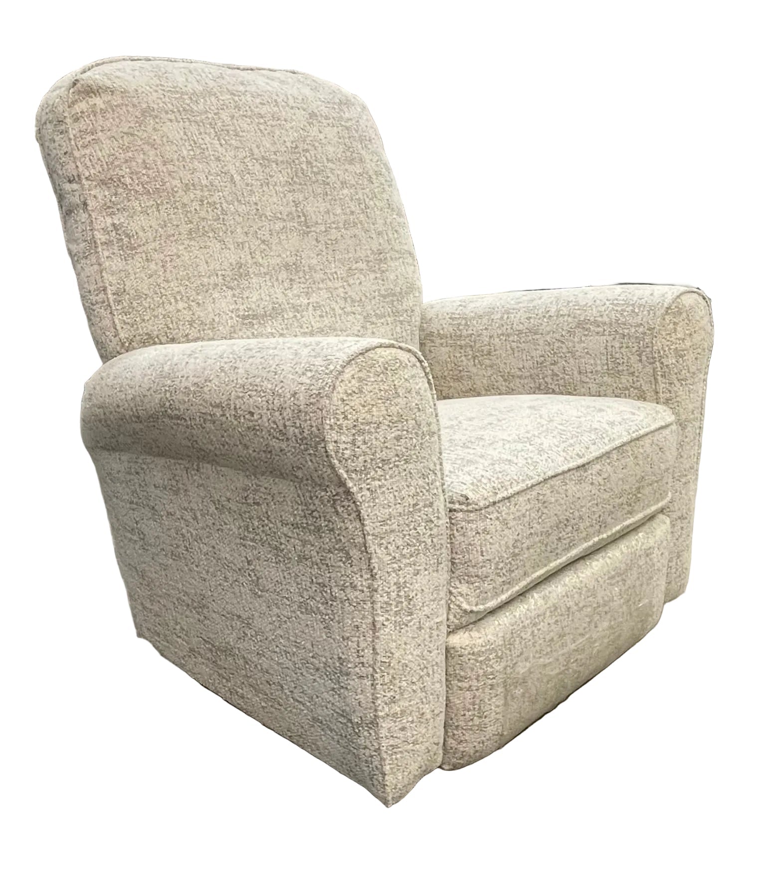 Soft gray and white recliner chair on a swivel glider base