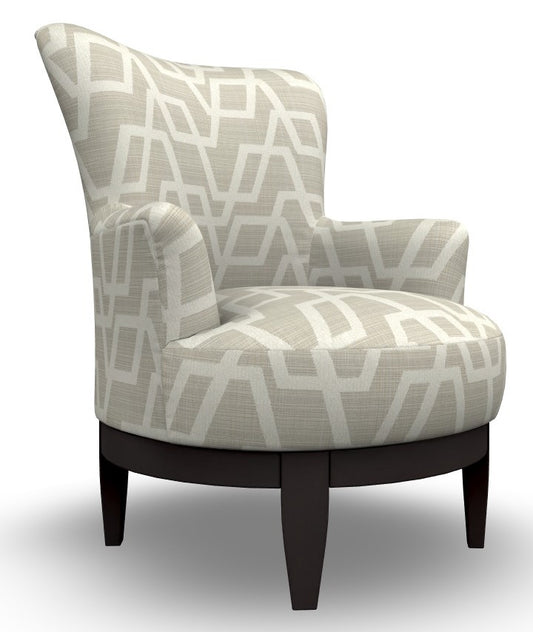 Beige patterned armchair with espresso stain wood legs on swivel base