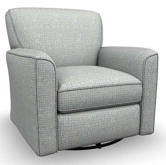 A light blue and gray textured fabric swivel armchair with a high back, wide armrests on a swivel glider base
