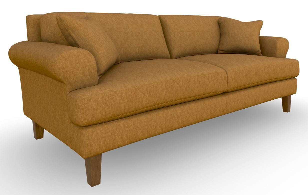 Amber sofa with rolled track arms on walnut stain wood legs