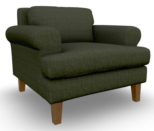 Olive green upholstered armchair on walnut stain squared legs